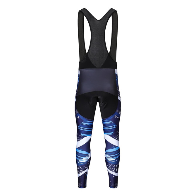 Men's cycling bib tights featuring a stylish blue and black design, with a logo on the bib section.
