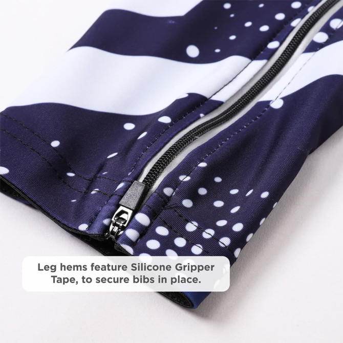Men's sublimated cycling bib tights with a navy and white pattern, featuring silicone gripper tape at the hems.