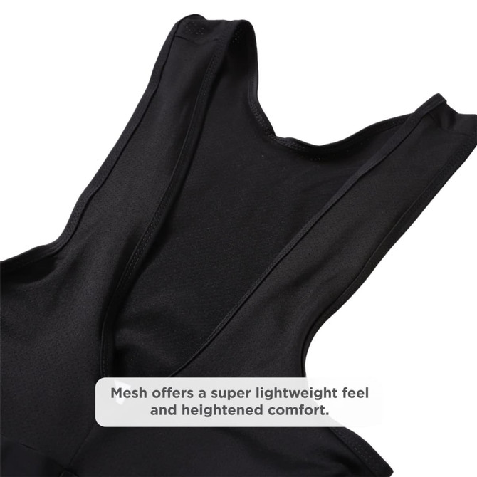Black men's sublimated cycling bib tights featuring a mesh design for a lightweight feel and heightened comfort.