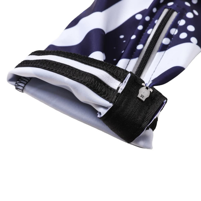A pair of men's sublimated cycling bib tights featuring a navy blue and white design with a zip and elasticated cuffs.