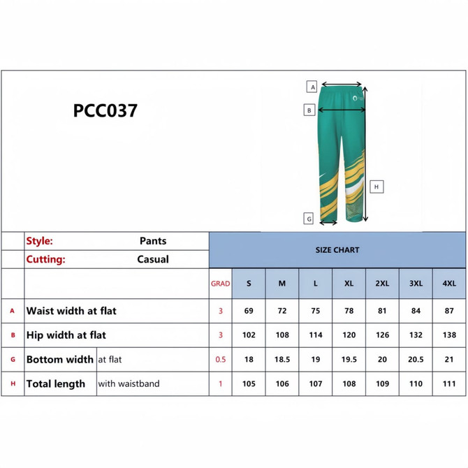 Green and yellow unisex adult pants with a casual cut, featuring a waist and hip width size chart and a logo.