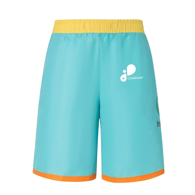 Men's polyester sublimated beach shorts in teal, featuring a yellow waistband and orange trim, with a logo.