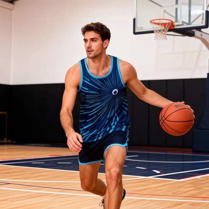A singlet featuring a blue and black spiral design, worn by a man holding a basketball in a sports hall.