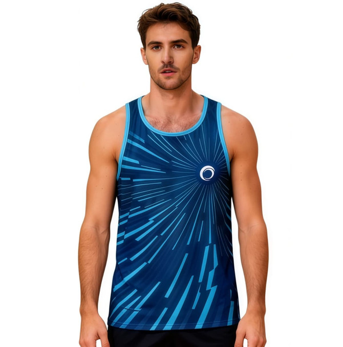 A blue and turquoise 100% polyester sublimated singlet featuring a dynamic design and a logo.