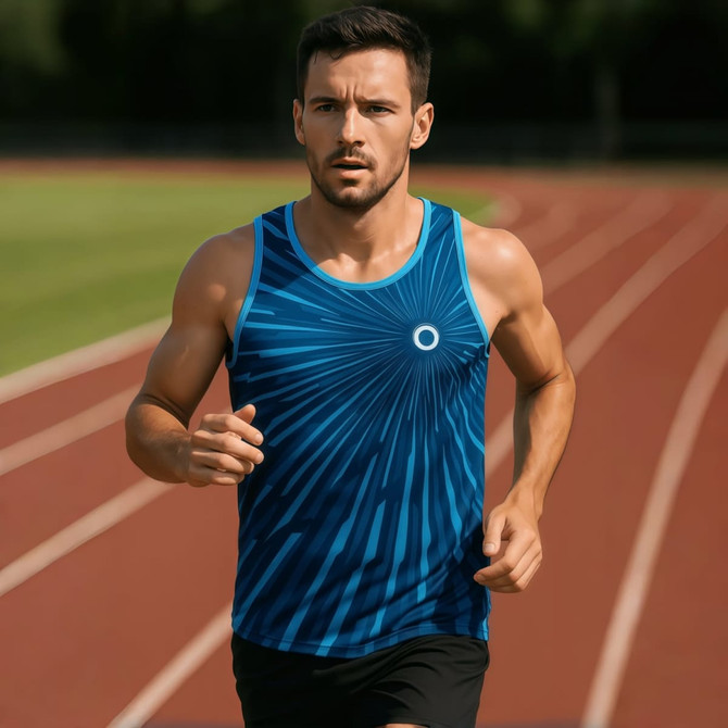 A blue sublimated singlet with a dynamic design, worn by a man running on a track. The singlet features a logo.