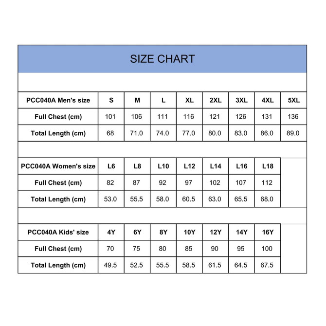 A size chart detailing measurements for men’s, women’s, and kids’ singlets in various sizes.