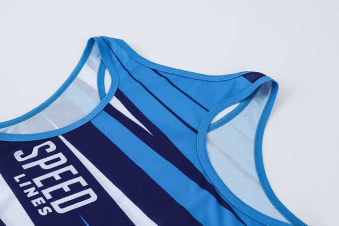 A blue and navy sports singlet featuring a mesh design and a logo.