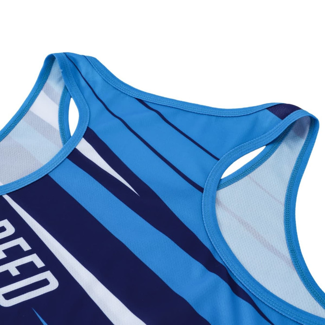 A blue and navy sports singlet featuring a logo and a subtle striped design.