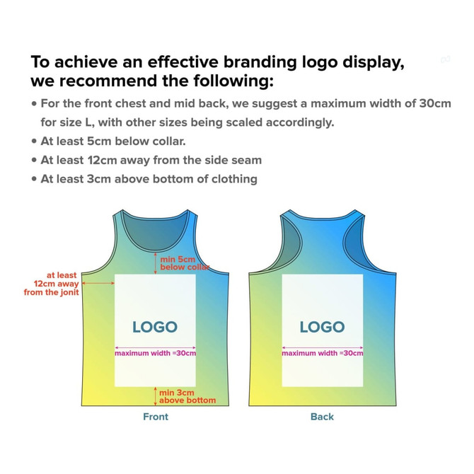 A vibrant sports singlet featuring a gradient design, with guidelines for logo placement on the front and back.