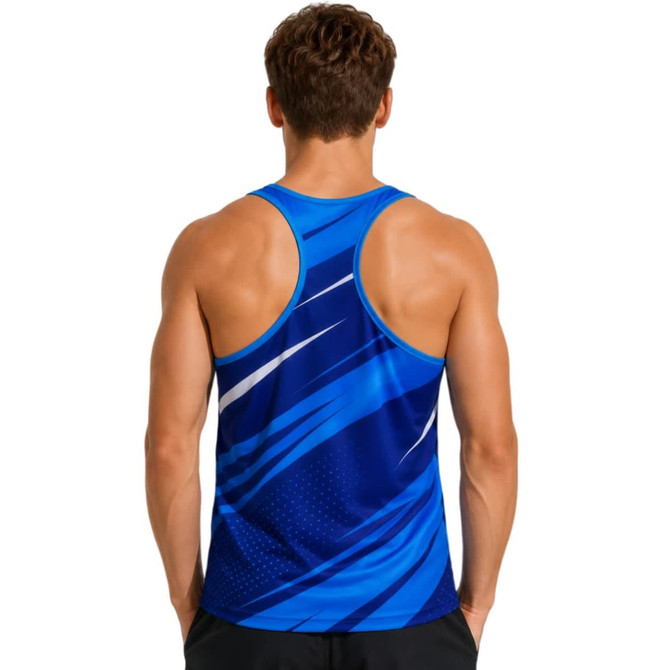 A blue sublimated sports singlet with dynamic patterns, featuring a logo on the back.