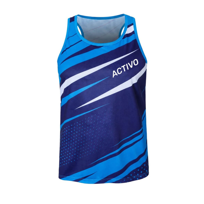 A blue and navy 100% polyester sublimated sports singlet with a dynamic pattern and a logo.