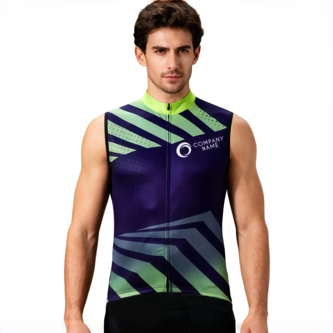 A men's sleeveless cycling vest in purple and green, featuring a geometric design and a logo.