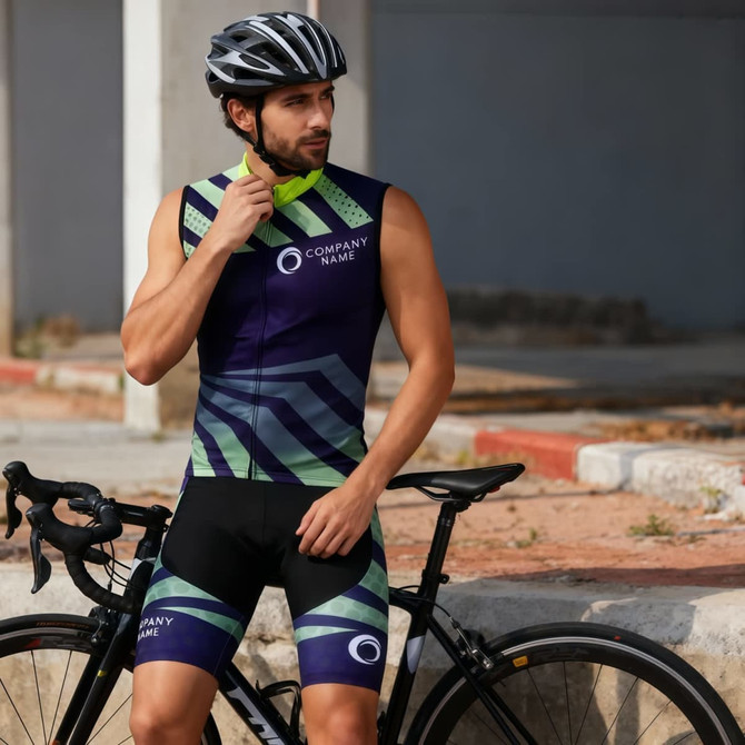 Men's sublimated cycling shorts in blue and green with a fitted design. The model wears a helmet and leans against a bike.