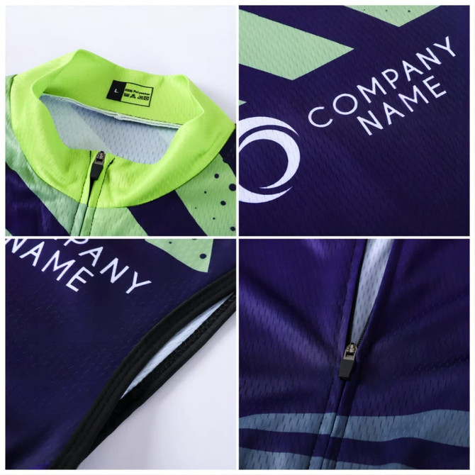 A men's sublimated cycling vest featuring a green and purple design, with a zip and logo branding.