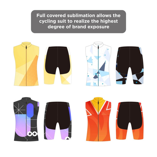 A collection of men's sublimated cycling shorts in various vibrant colours and geometric designs, featuring logos.