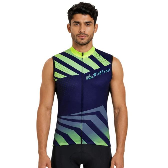 A men's sublimated cycling vest featuring a navy blue and green design, with a logo on the front and no sleeves.