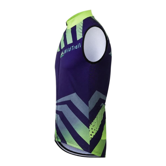 A men's sublimated cycling vest in purple and green, featuring a logo and a sporty design.