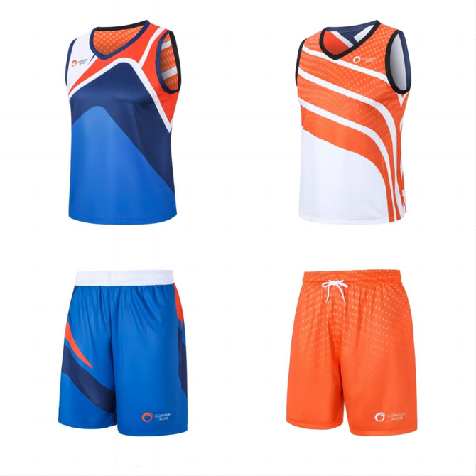 A reversible basketball singlet featuring blue and orange designs, with matching shorts in blue and orange, includes a logo.