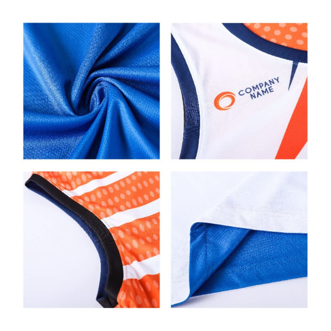 A reversible basketball singlet in blue and white, featuring orange accents and a branded logo.