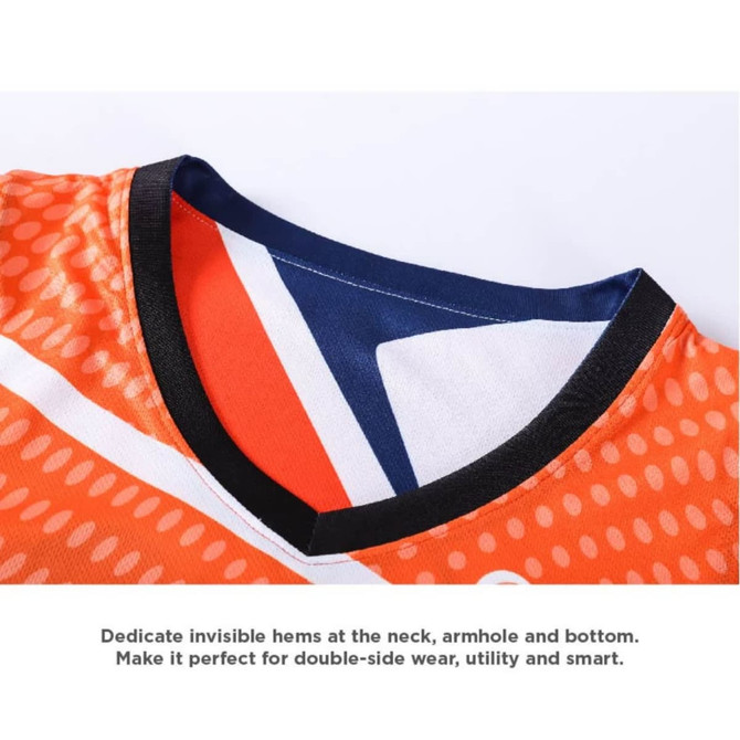 A reversible basketball singlet with a vibrant orange design, featuring a V-neck and multi-colour accents.
