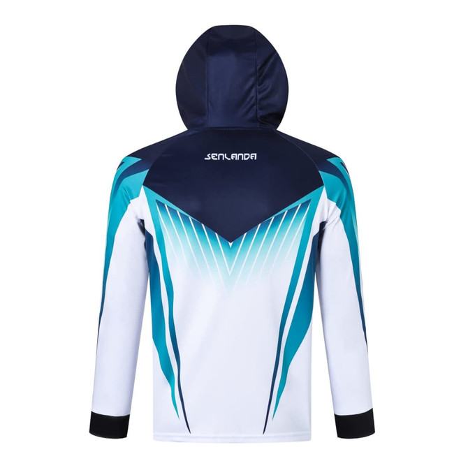 A hooded jacket in navy and white with turquoise graphic design, featuring a logo on the back.