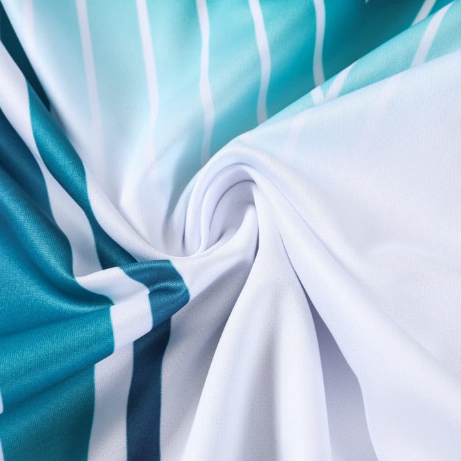 A close-up of a fabric swirl featuring white and teal stripes, showcasing a polyester material texture.