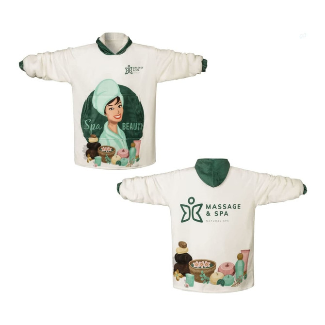 A wearable blanket featuring a spa-themed design in white and green, with a logo and illustrated character.
