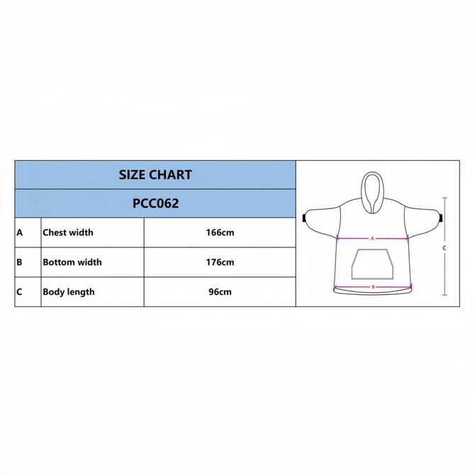 A size chart for a unisex wearable blanket, detailing measurements for chest width, bottom width, and body length.