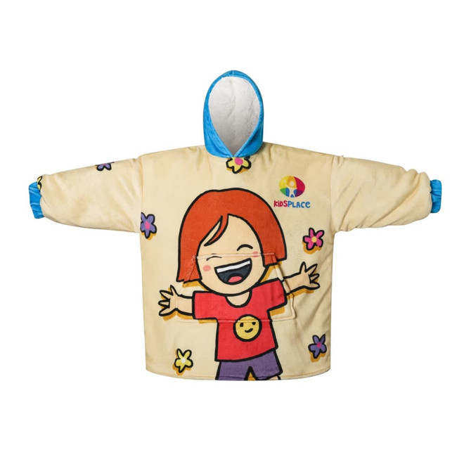 A kids' wearable blanket in beige with a blue hood, featuring a smiling girl and colourful flowers.