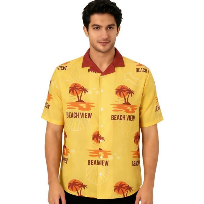 A men's yellow Cuban collar shirt with a palm tree and beach graphic pattern, featuring a red collar and branding.