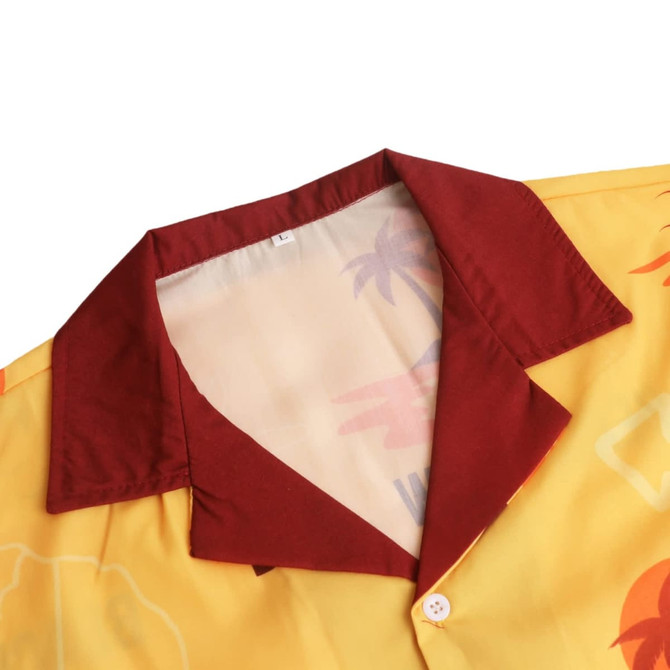 A yellow Cuban collar shirt with a maroon collar, featuring a tropical pattern and button placket.