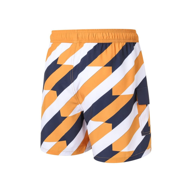 Women’s board shorts in bold orange and navy geometric patterns, featuring a drawstring and side pocket.