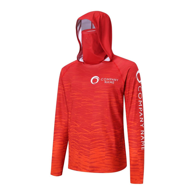 A red hoodie made of polyester and spandex, featuring a hood and face cover, with a logo on the sleeve.