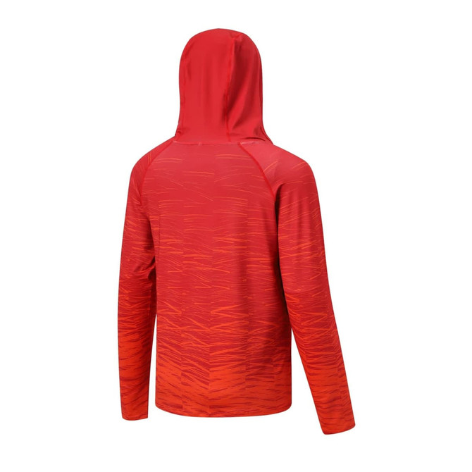 A red polyester spandex hoodie featuring a sublimated pattern and a hood, with a logo on the back.