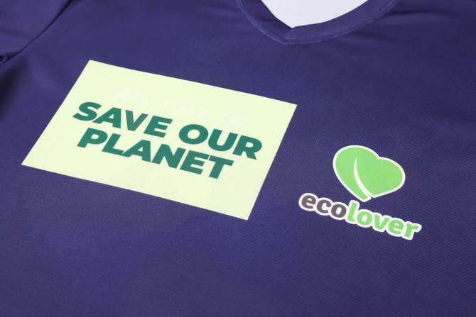 A purple unisex V-collar tee shirt featuring a logo and text about environmental conservation.