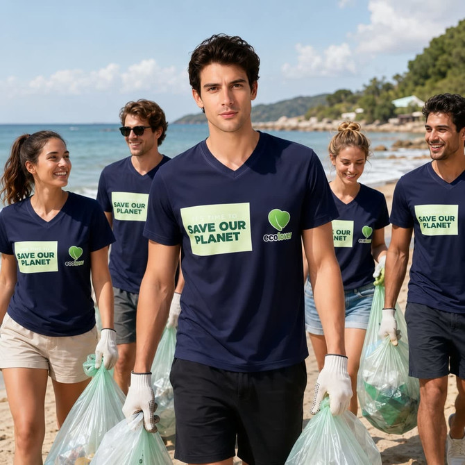 A group of people wearing navy V-collar T-shirts with a logo, cleaning a beach together.