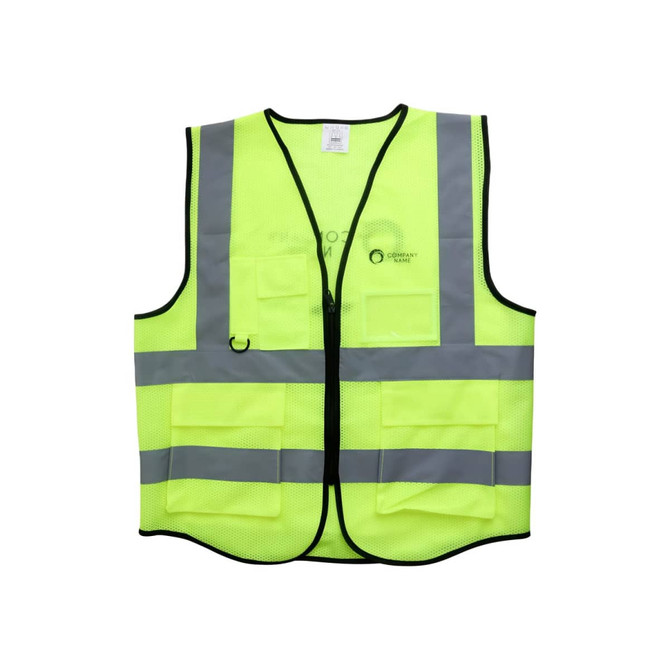 A bright yellow unisex hi-vis vest with reflective tapes and multiple functional pockets. It features a logo.