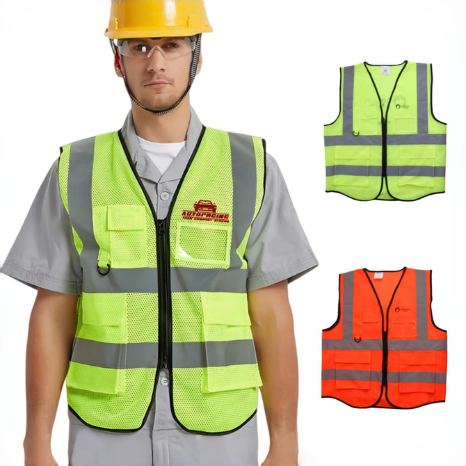 A hi-vis vest in fluorescent yellow and orange, featuring reflective tapes and functional pockets, with a logo.