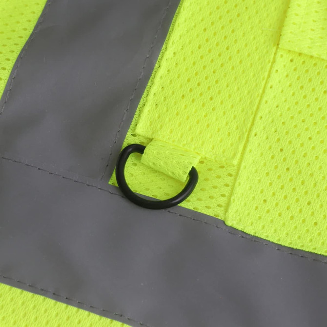 A close-up of a bright yellow hi-vis vest featuring reflective grey tapes and a functional attachment loop.