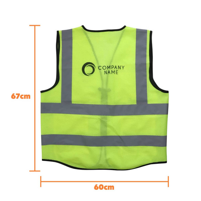 A bright yellow unisex hi-vis vest featuring reflective tape and functional pockets, with a logo on the front.