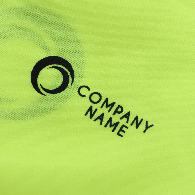 A bright yellow vest featuring horizontal reflective tape and a logo. Ideal for workwear visibility and safety.