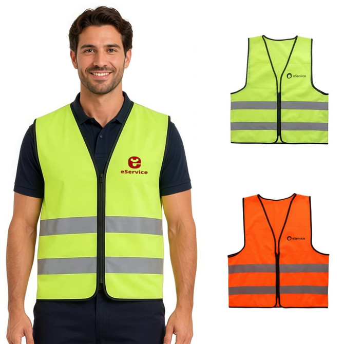 A hi-vis vest in fluorescent yellow and orange, featuring horizontal reflective tape and a logo. Ideal for workwear.