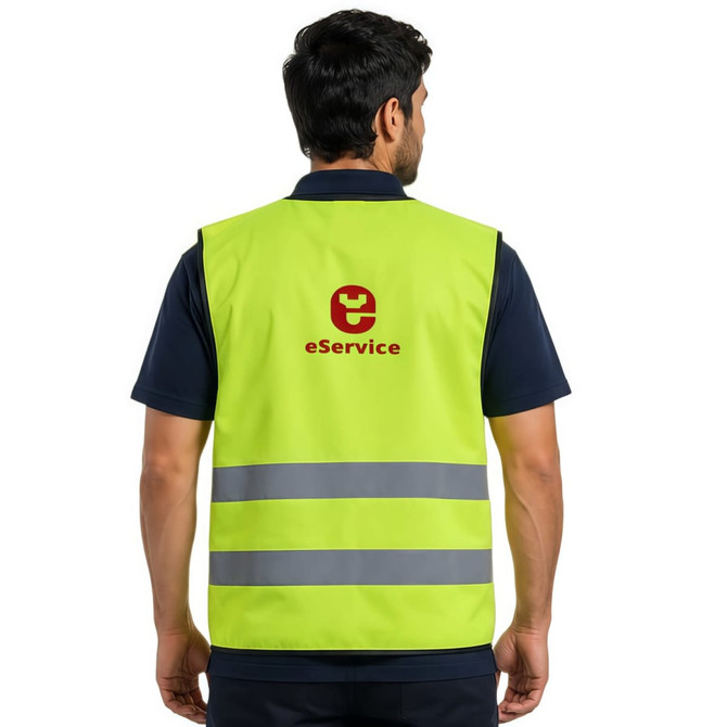 A hi-vis yellow vest featuring horizontal reflective tape and a logo on the back. Suitable for workwear.