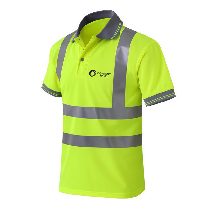 A hi-vis reflective short-sleeve polo shirt in bright yellow with grey reflective stripes and a logo.