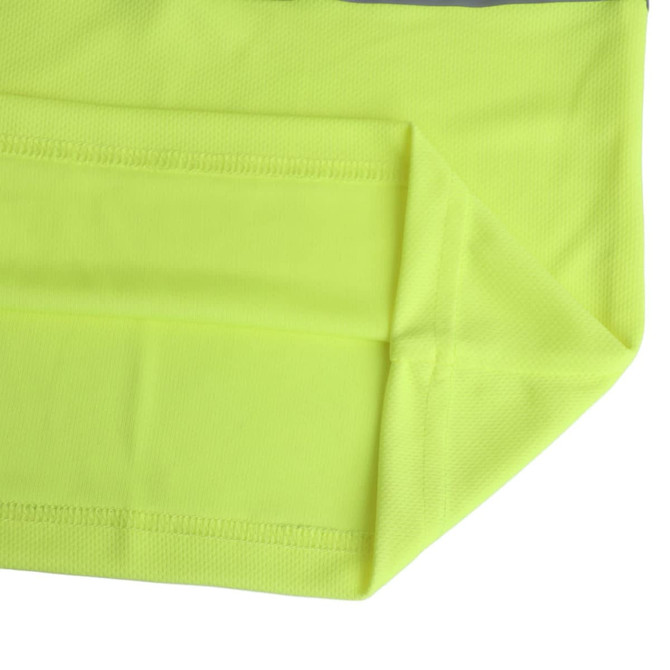 A bright yellow polyester short-sleeve polo shirt with a reflective design and a logo.