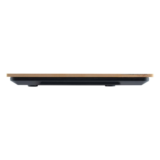 A sleek Hercules Kitchen Scale with a minimalistic design featuring a wooden platform and a black base.
