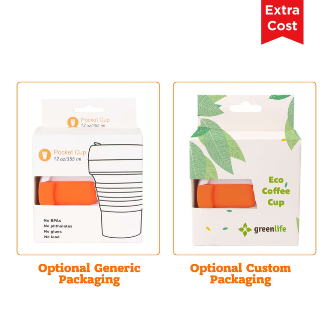 A collapsible silicone coffee cup in orange, featuring eco-friendly branding and packaging options.