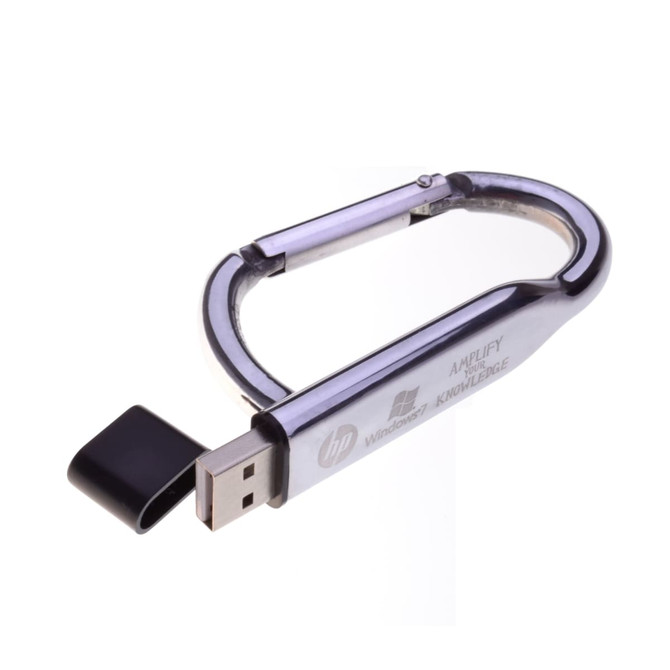 A silver carabiner USB flash drive with a black cap, featuring a logo on the side.