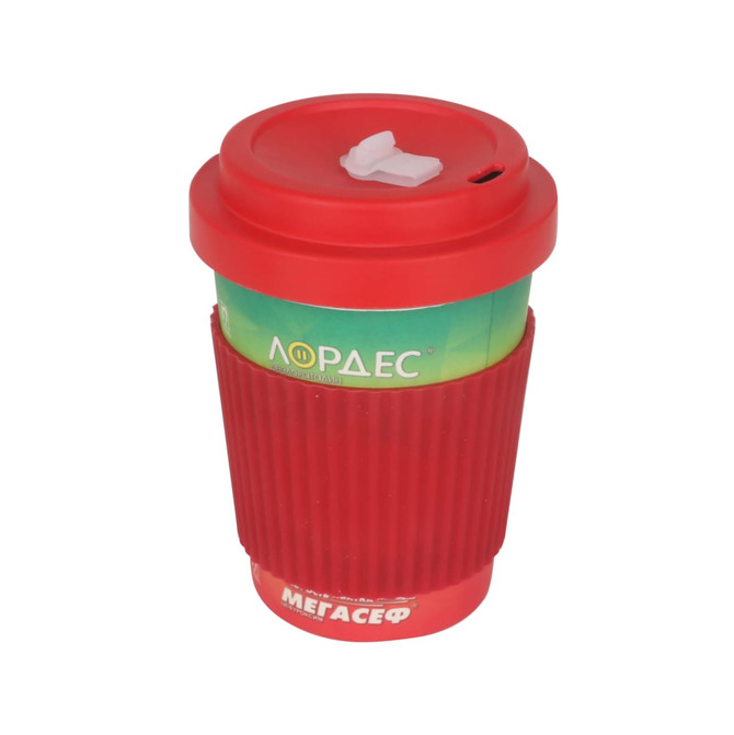 A reusable bamboo coffee cup in red with a screw lid and a textured grip. Features branding.