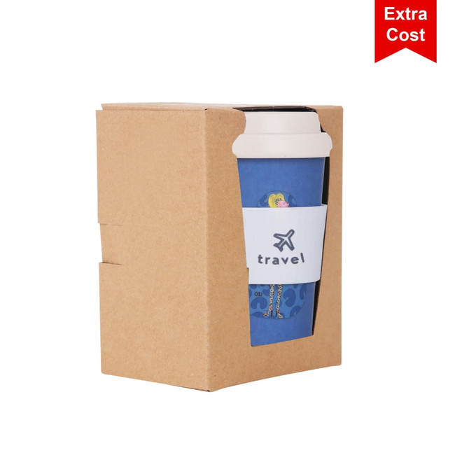 A reusable 350ml bamboo coffee cup in blue, featuring a screw lid and packaging, with a logo.